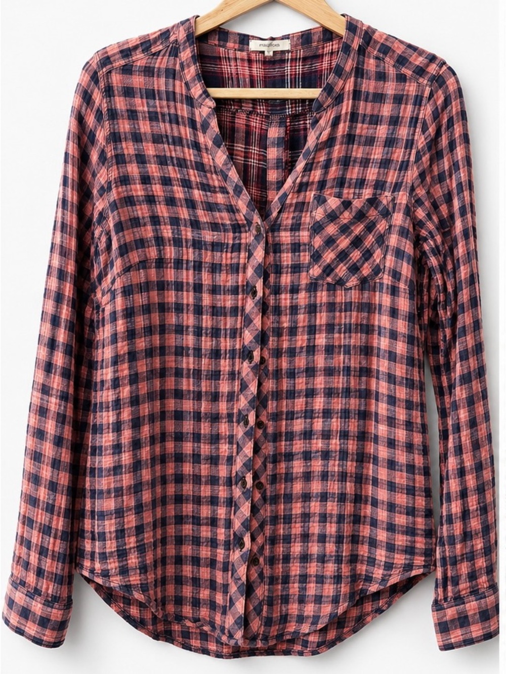 Maurices Red and Navy Plaid Button-Up Shirt